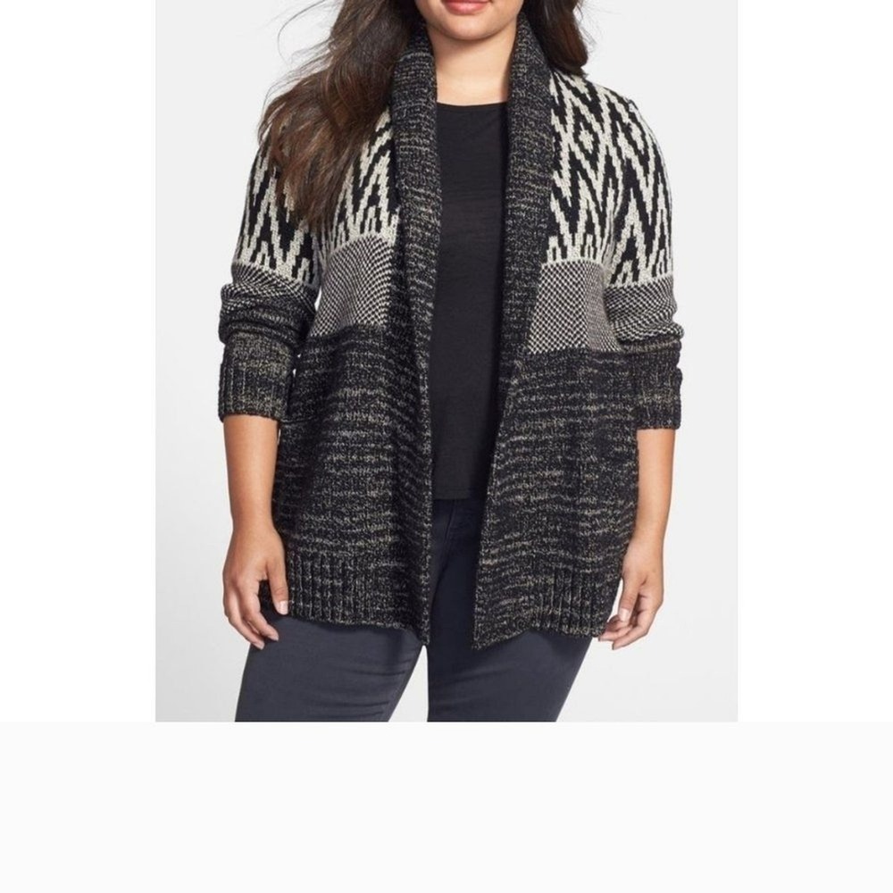 Lucky Brand Cardigan Sweater Black Gray Patterned Pockets Knit Women XS